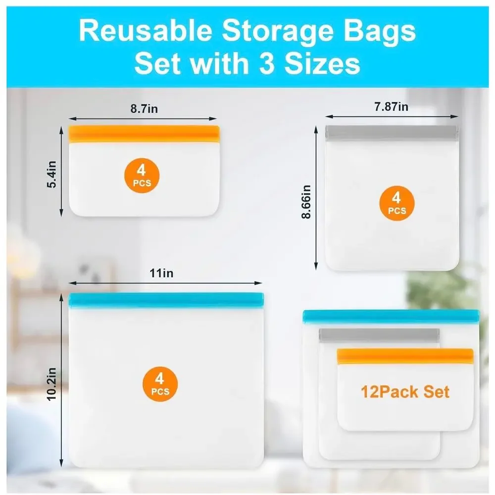 VUEKYN 12 Pack Reusable Freezer Bags Leakproof Food Storage Silicone snack Bags